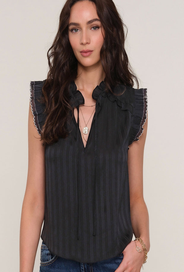 Ananda Satin Stripe Flutter Sleeve Top - Black