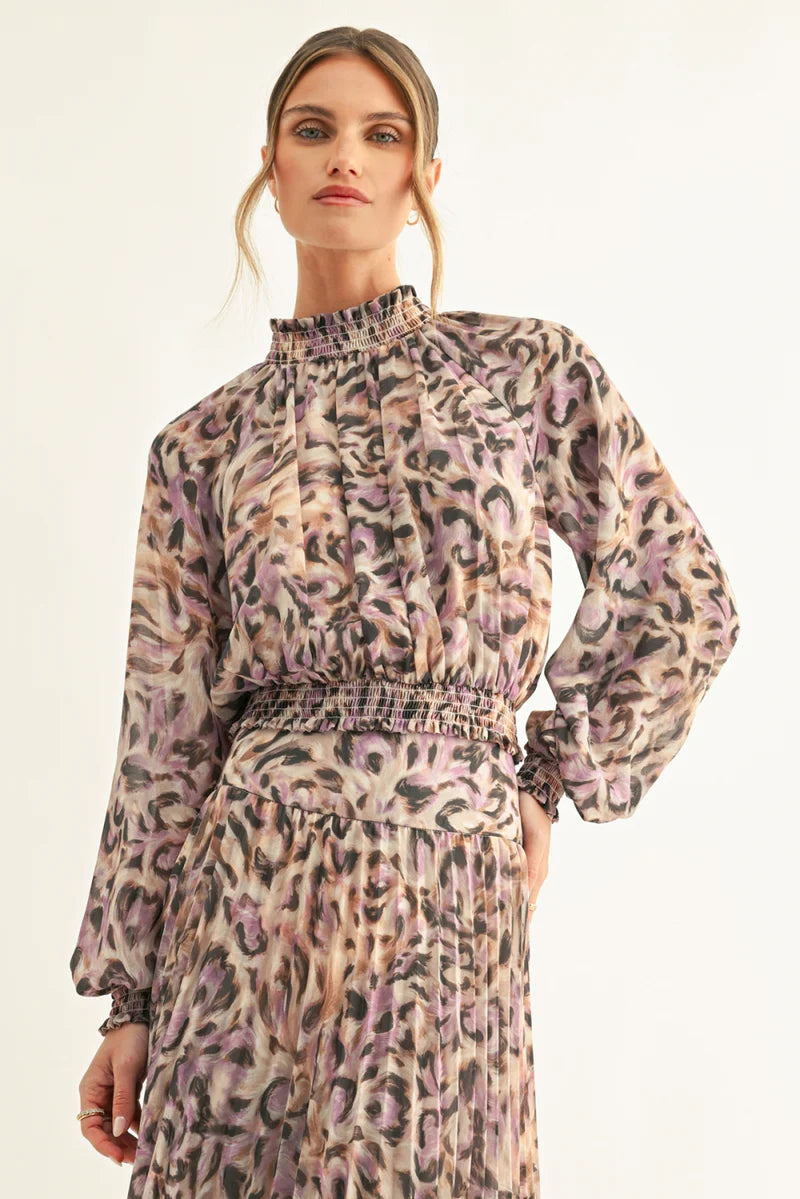 Helina Smocked Long Sleeves Top - Lavender/Black