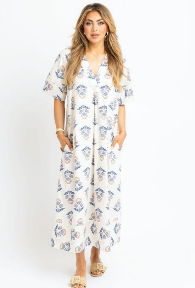 Vintage Floral V-Neck Maxi Dress - Ivory