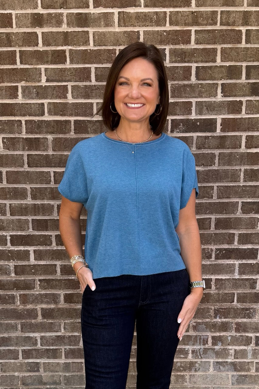 Scoop Neck Short Sleeve Sweater  - Blue