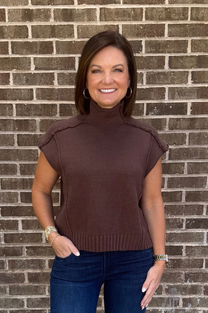 Mock Neck Short Sleeve Sweater - Brown