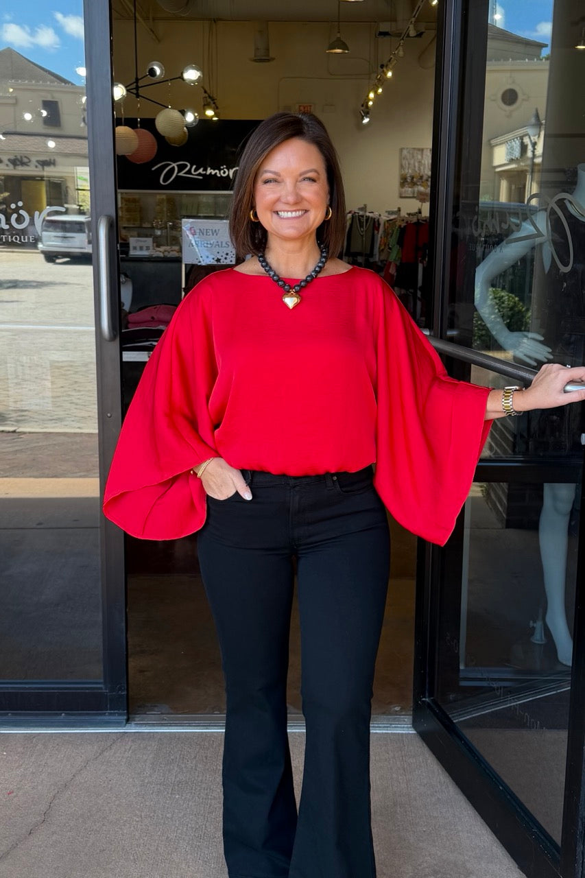 Washed Satin Bubble Hem Blouse - Red