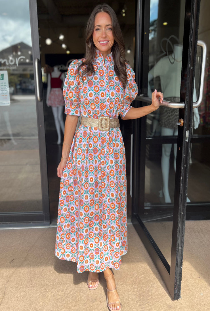 Floral Ruffle Neck Shirt Maxi Dress - Lavender