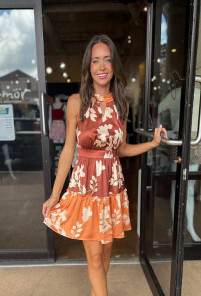 Traci Two Toned Mini Halter Dress - Marigold