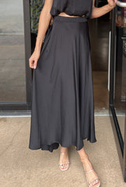 Satin Hi-Lo Midi Swing Skirt - Black
