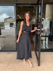 V-Neck Washed Satin Bubble Hem Top - Black