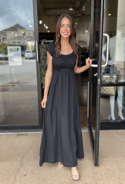 Smocked Bodice Maxi Dress - Black