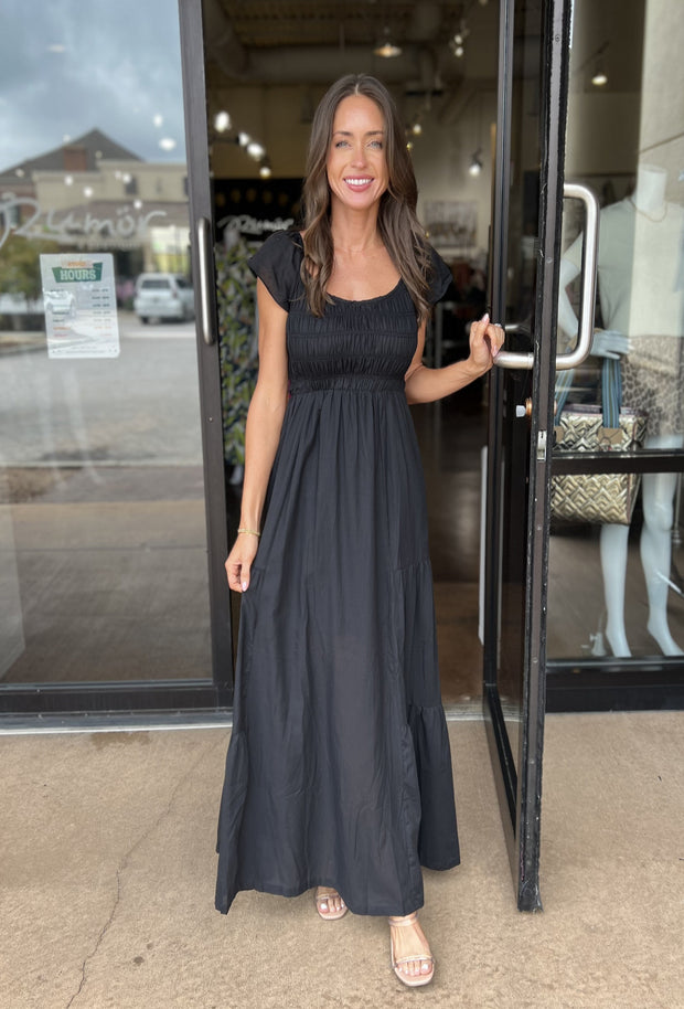 Smocked Bodice Maxi Dress - Black