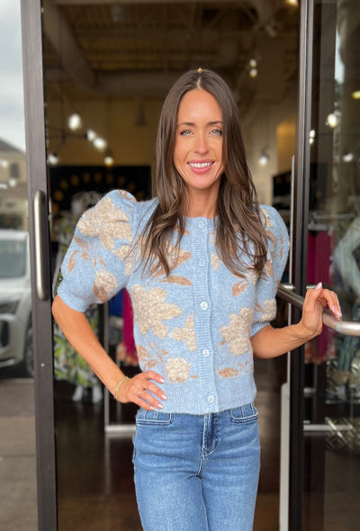 Taly Floral Puff Sleeve Cardigan - Retro Blue