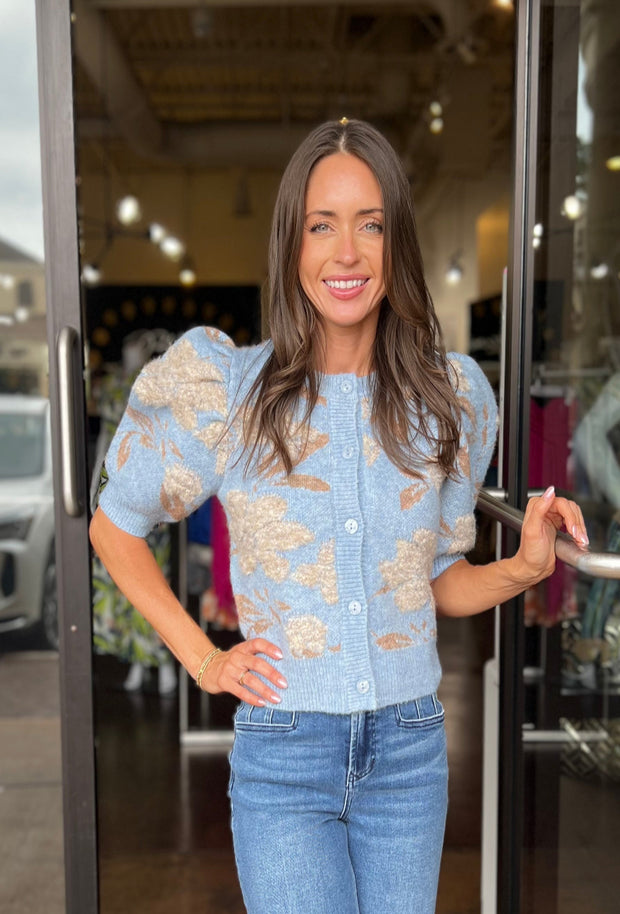 Taly Floral Puff Sleeve Cardigan - Retro Blue