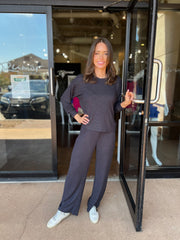Dawn Smocked Rib Pant - Black Sand