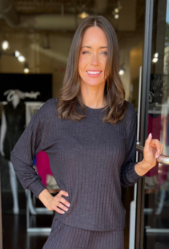 Daydream Rib Long Sleeve Top - Black Sand