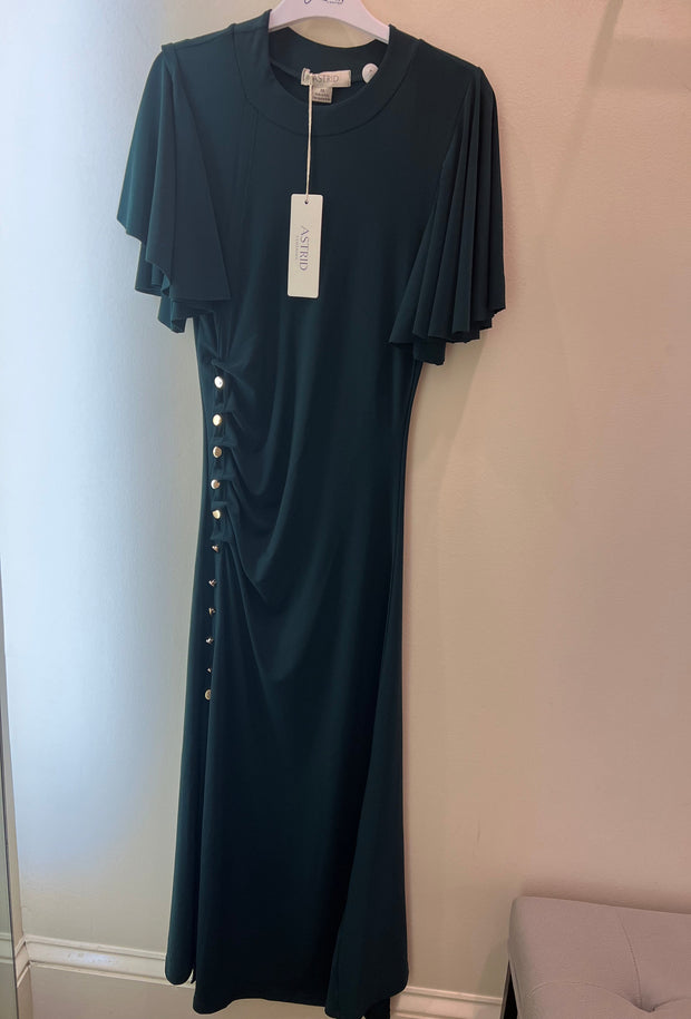 Gold Button Side Detail Flutter Sleeves Midi Dress - Dark Green