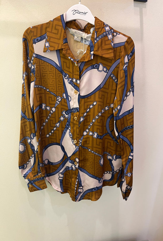 Satin Long Sleeve Chain Print Blouse - Blue/Brown