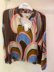 Satin Long Sleeve Printed Blouse - Brown