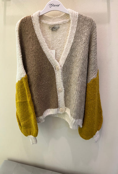 Color Block Knit Cardigan - Tabac Combo