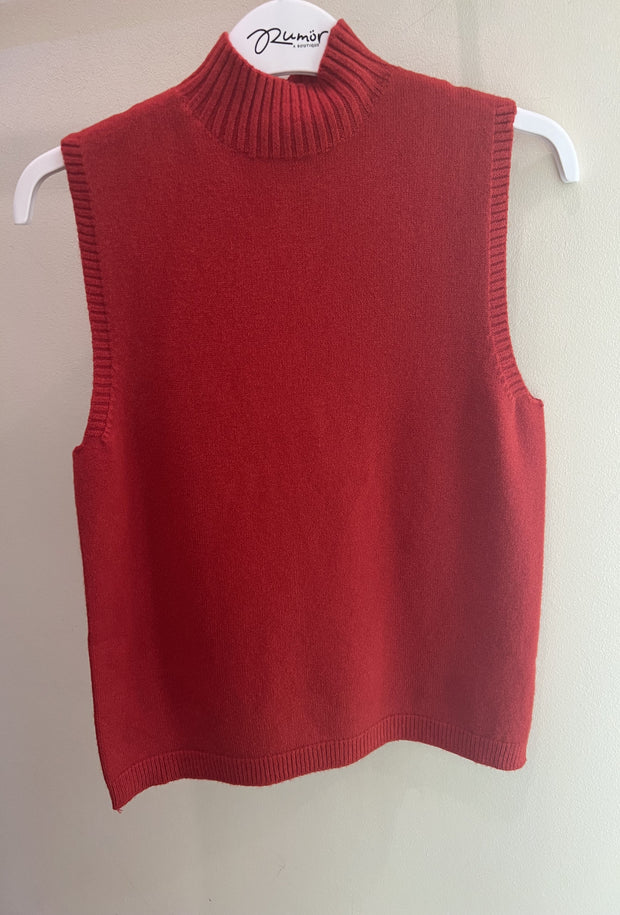 Ribbed Mock Neck Sleeveless Top -  Red