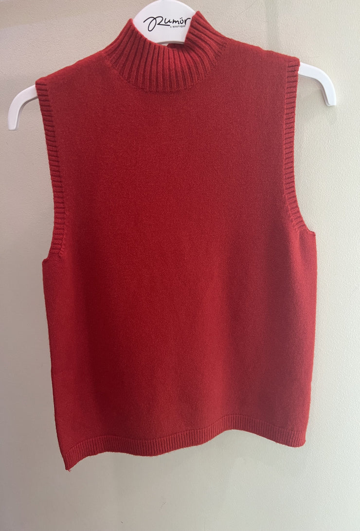 Ribbed Mock Neck Sleeveless Top -  Red