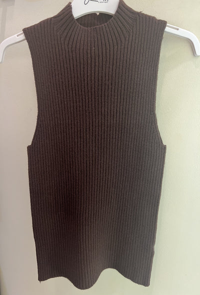Ribbed Mock Neck Sleeveless Top - Chocolate Brown