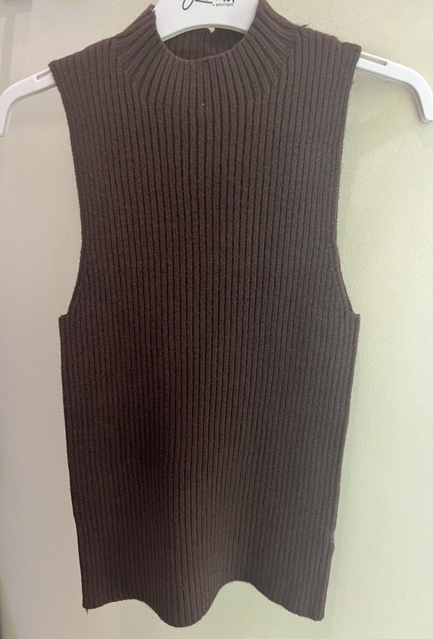 Ribbed Mock Neck Sleeveless Top - Chocolate Brown