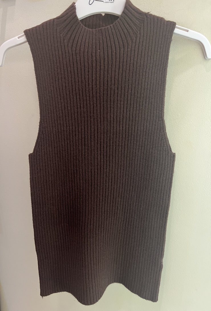 Ribbed Mock Neck Sleeveless Top - Chocolate Brown