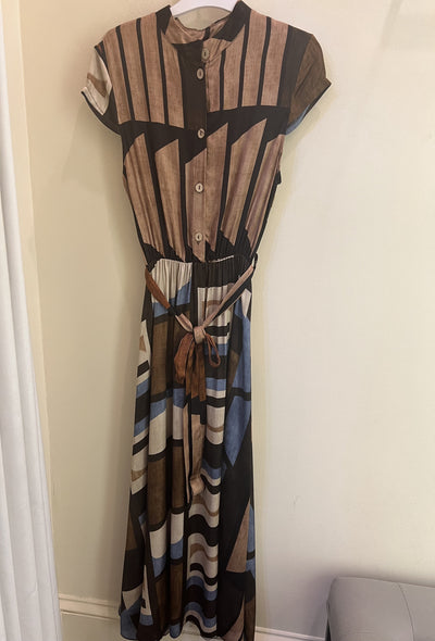 Geometric Multi Color Button Down Midi Dress - Brown