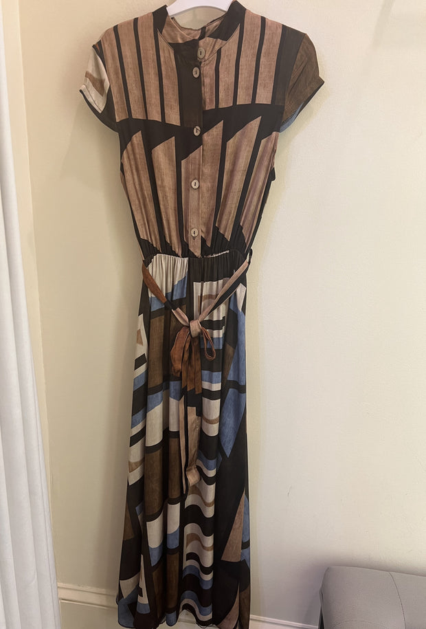 Geometric Multi Color Button Down Midi Dress - Brown