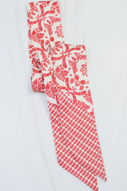 Elaina Foliage Print Skinny Scarf - Red
