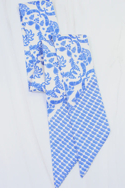 Elaina Foliage Print Skinny Scarf - Blue