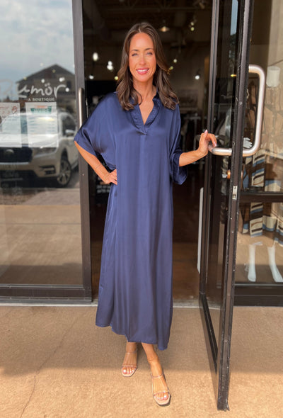 Tania Solid Midi Dress - Navy