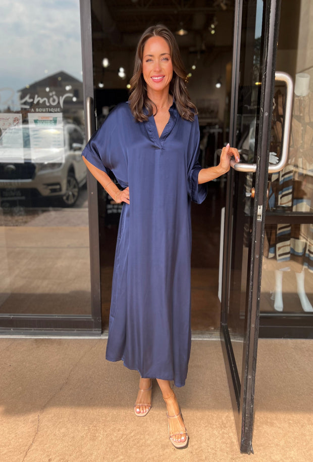 Tania Solid Midi Dress - Navy