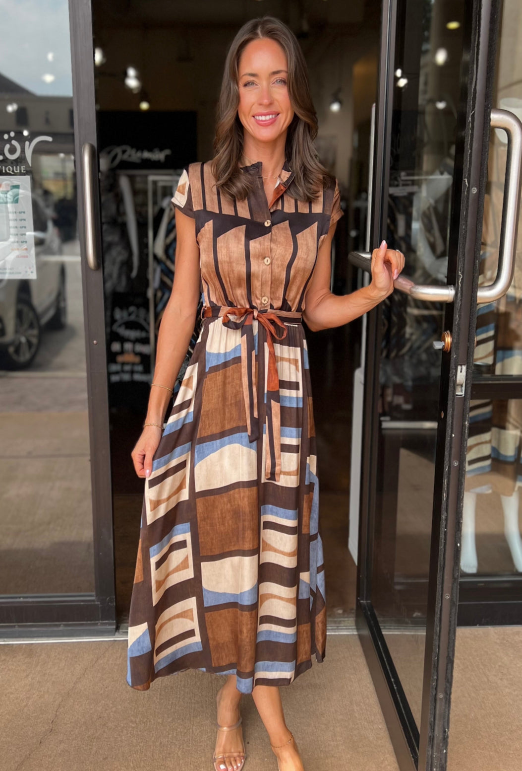 Geometric Multi Color Button Down Midi Dress - Brown