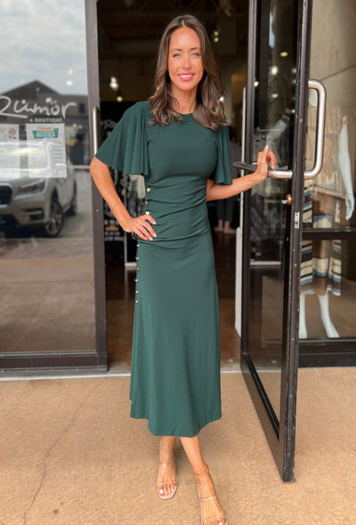 Gold Button Side Detail Flutter Sleeves Midi Dress - Dark Green