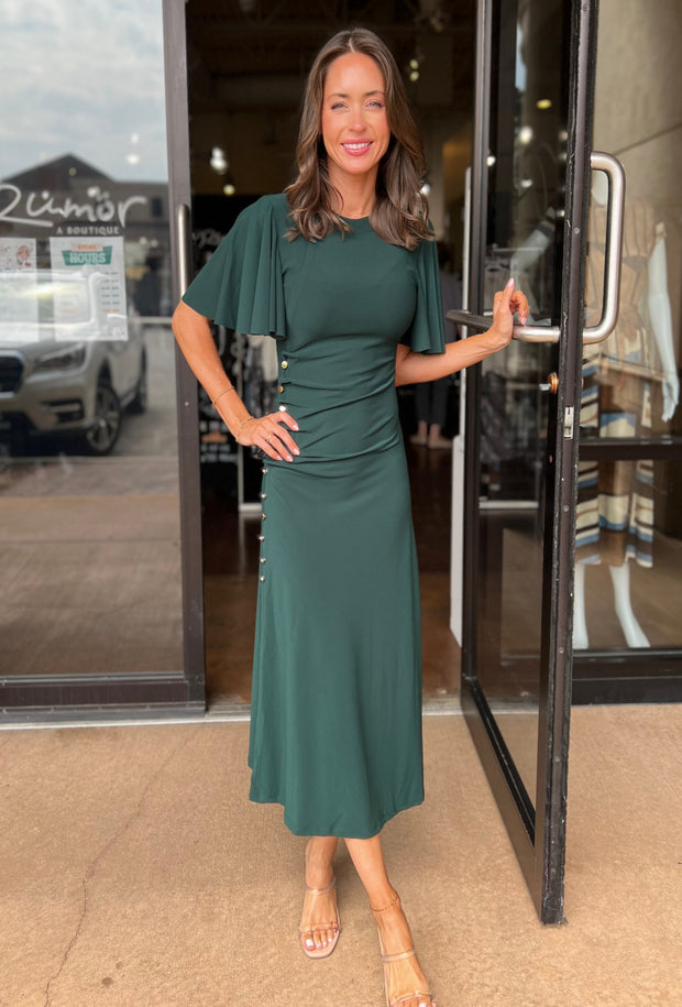 Gold Button Side Detail Flutter Sleeves Midi Dress - Dark Green