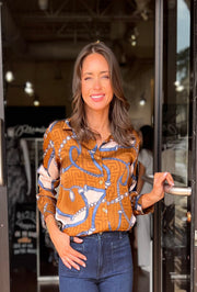 Satin Long Sleeve Chain Print Blouse - Blue/Brown