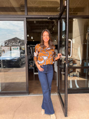 Satin Long Sleeve Chain Print Blouse - Blue/Brown