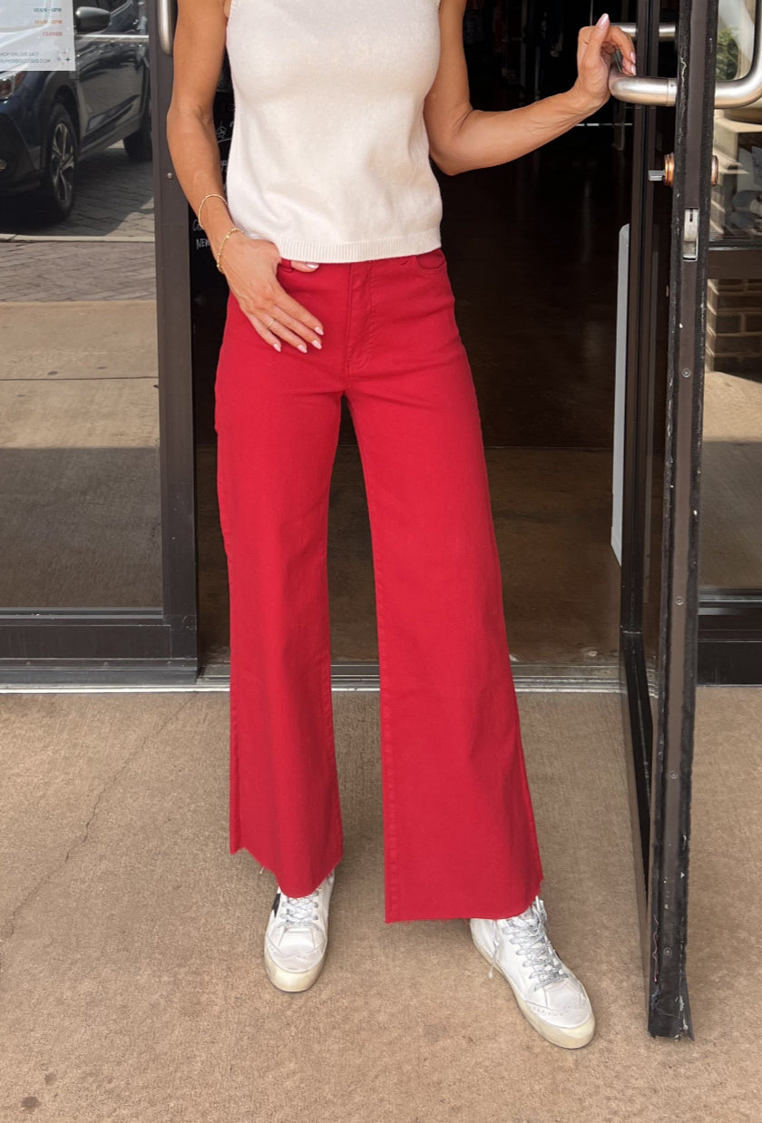 Meg High Rise Wide Leg Raw Hem - Ruby Red