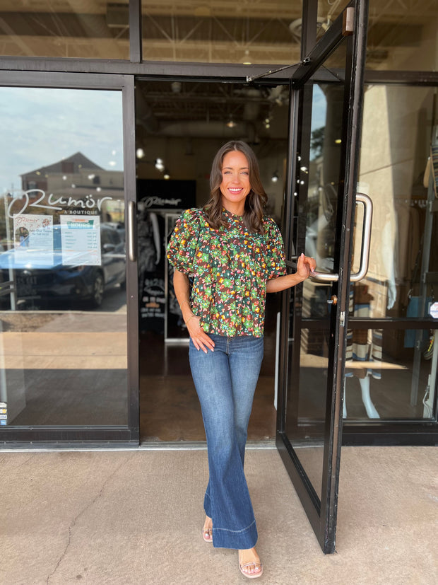 Floral Pleat Short Sleeve Top - Brown