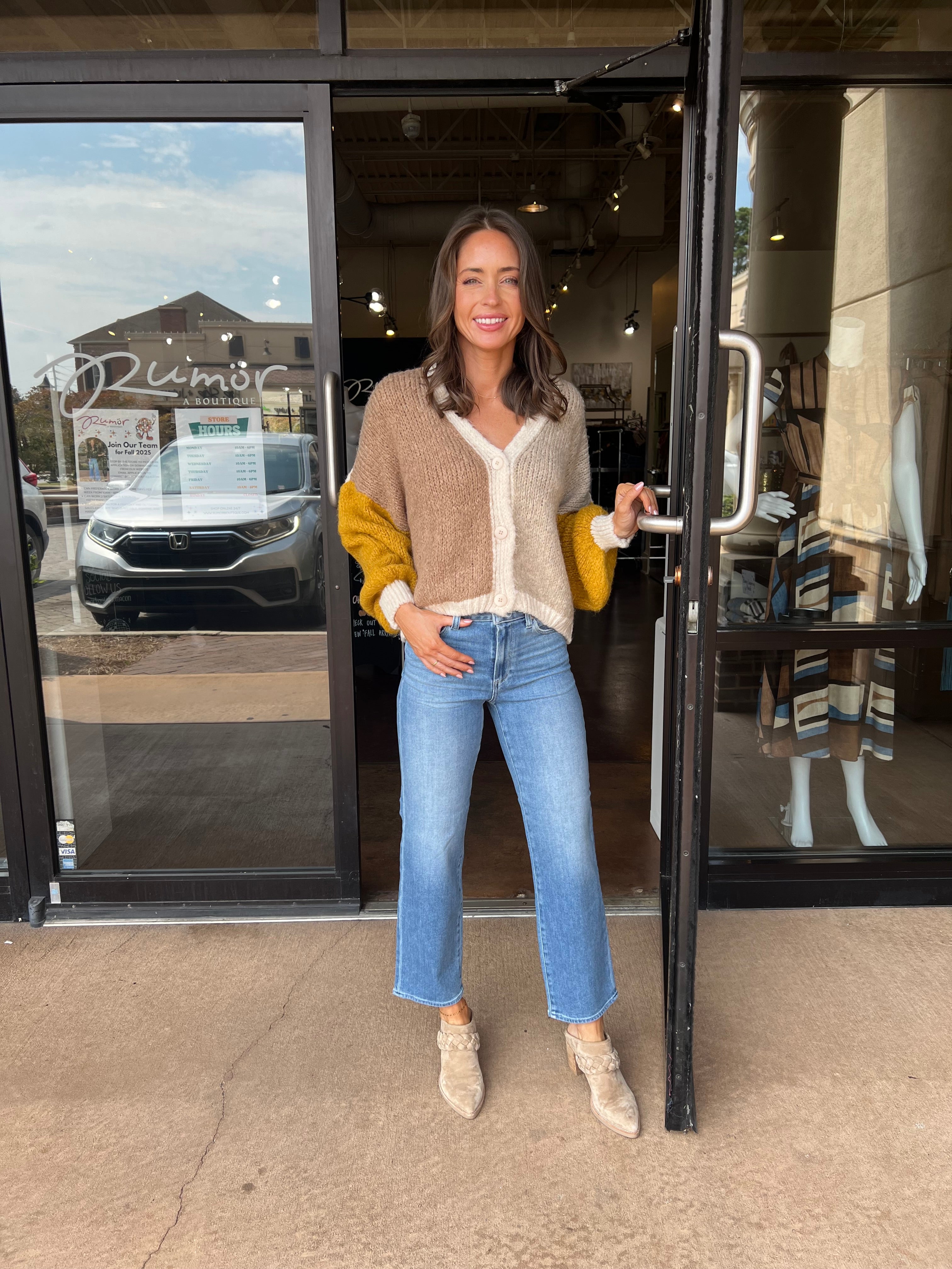 Color Block Knit Cardigan - Tabac Combo