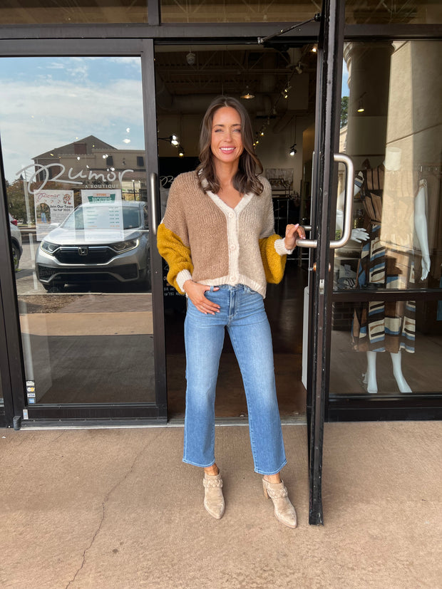 Color Block Knit Cardigan - Tabac Combo