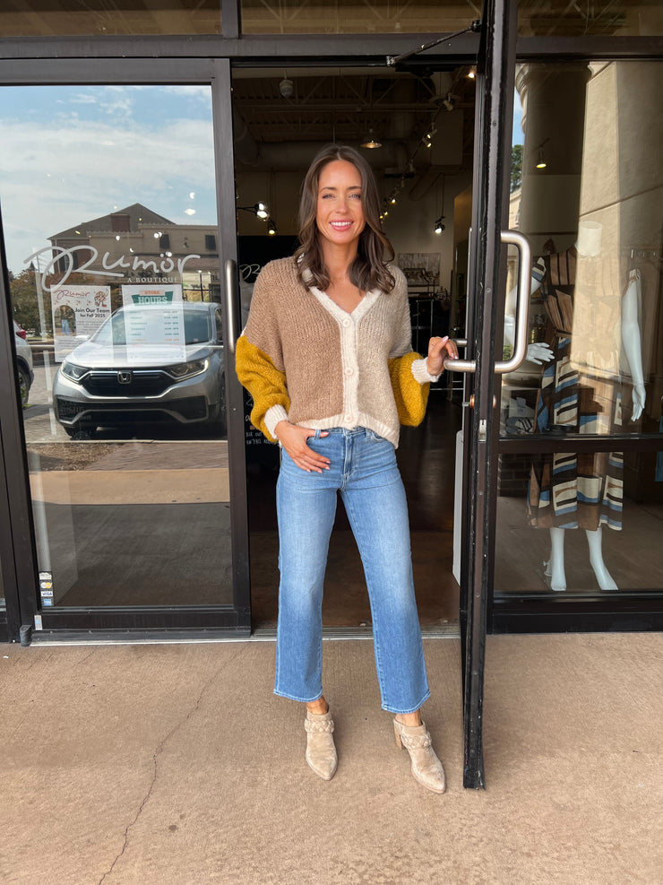 Color Block Knit Cardigan - Tabac Combo