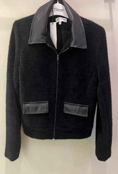 Pleather Trim Bomber Jacket - Black