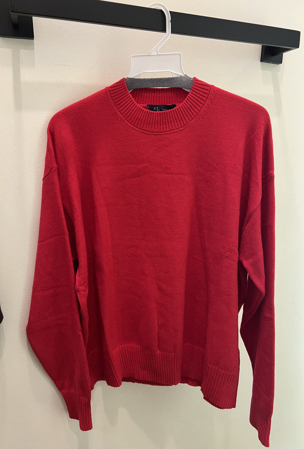 Crew Neck Solid Loose Fit Sweater - Red