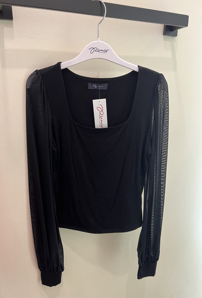 Double Layered Knit Sheer Sleeve Top - Black