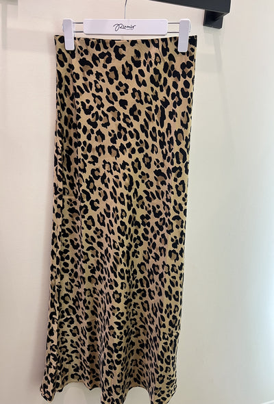 Satin Leopard Print Maxi Skirt - Tan