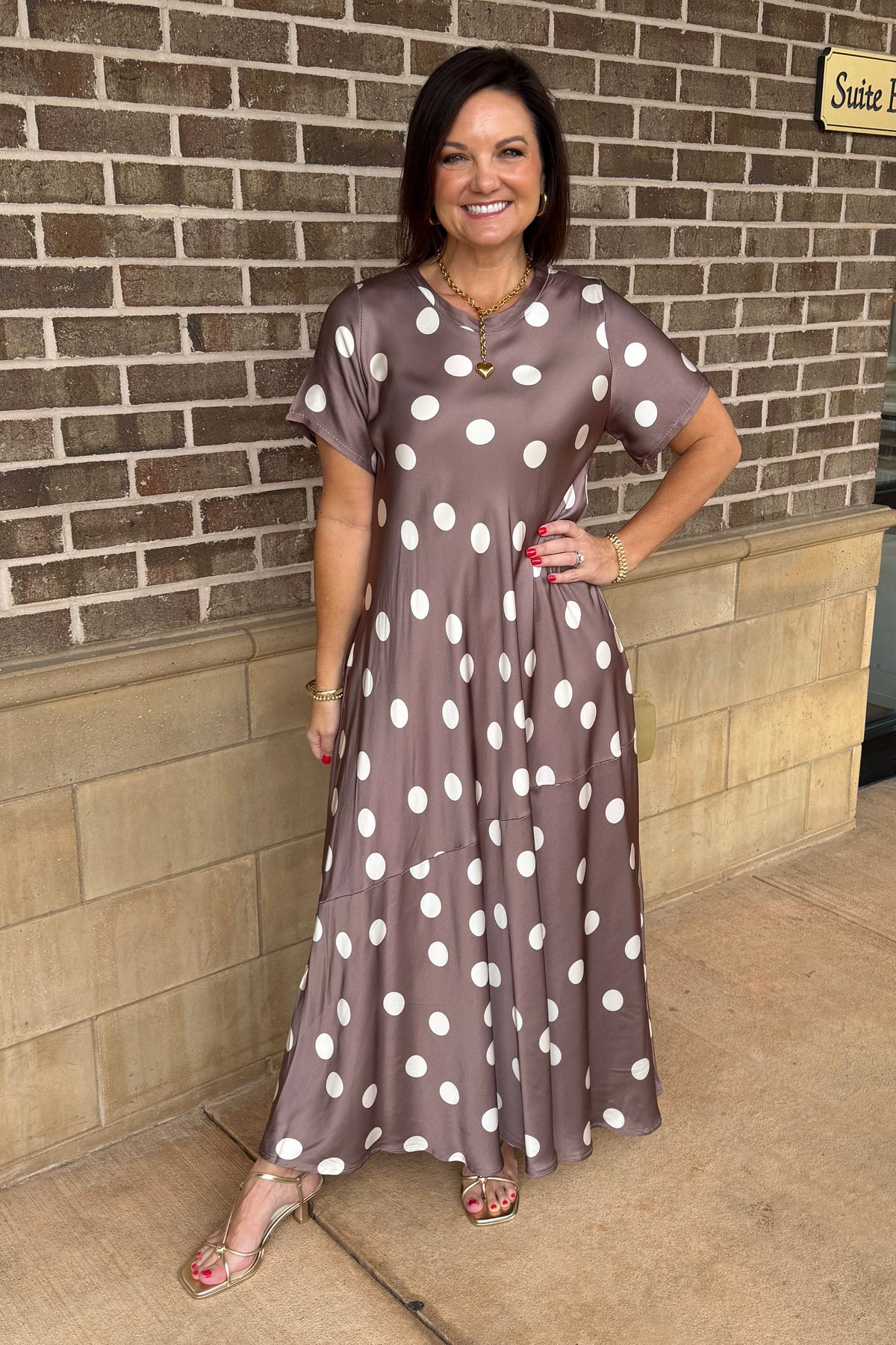 Polka Dot Cap Sleeve Tier Seam Midi Dress - Mocha Cream