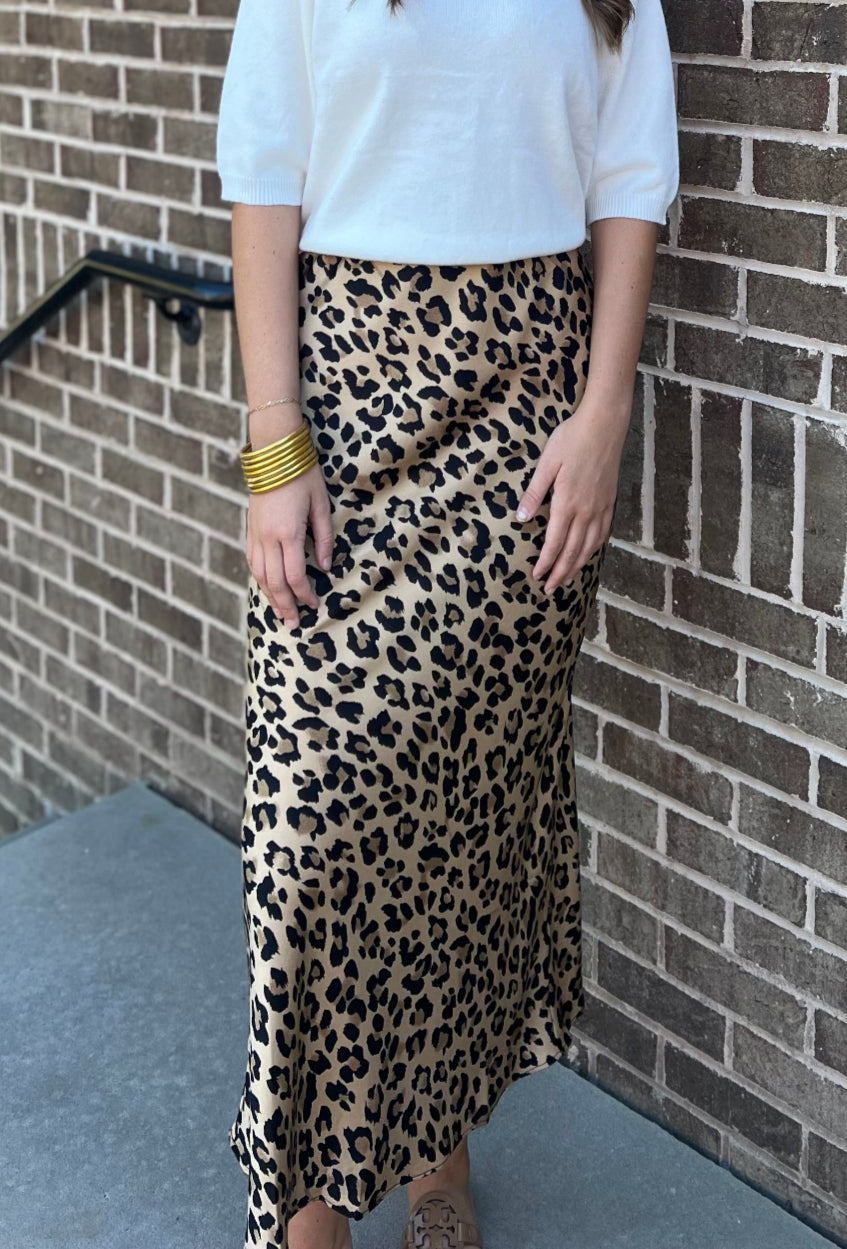 Satin Leopard Print Maxi Skirt - Tan