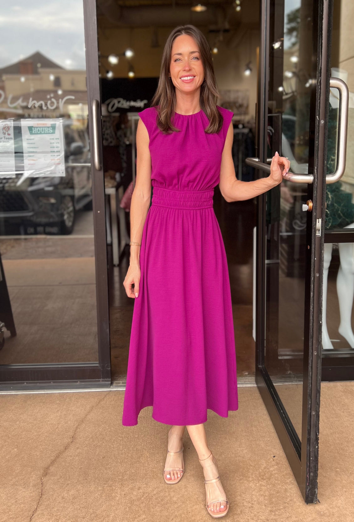 Sleeveless Ruched Waistline Midi Dress - Plum