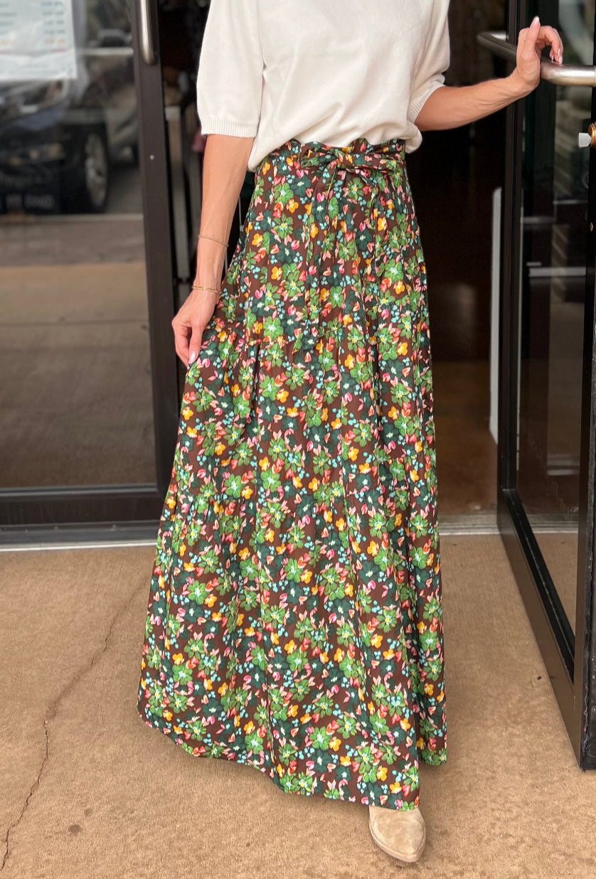 Floral Tie Maxi Skirt - Brown