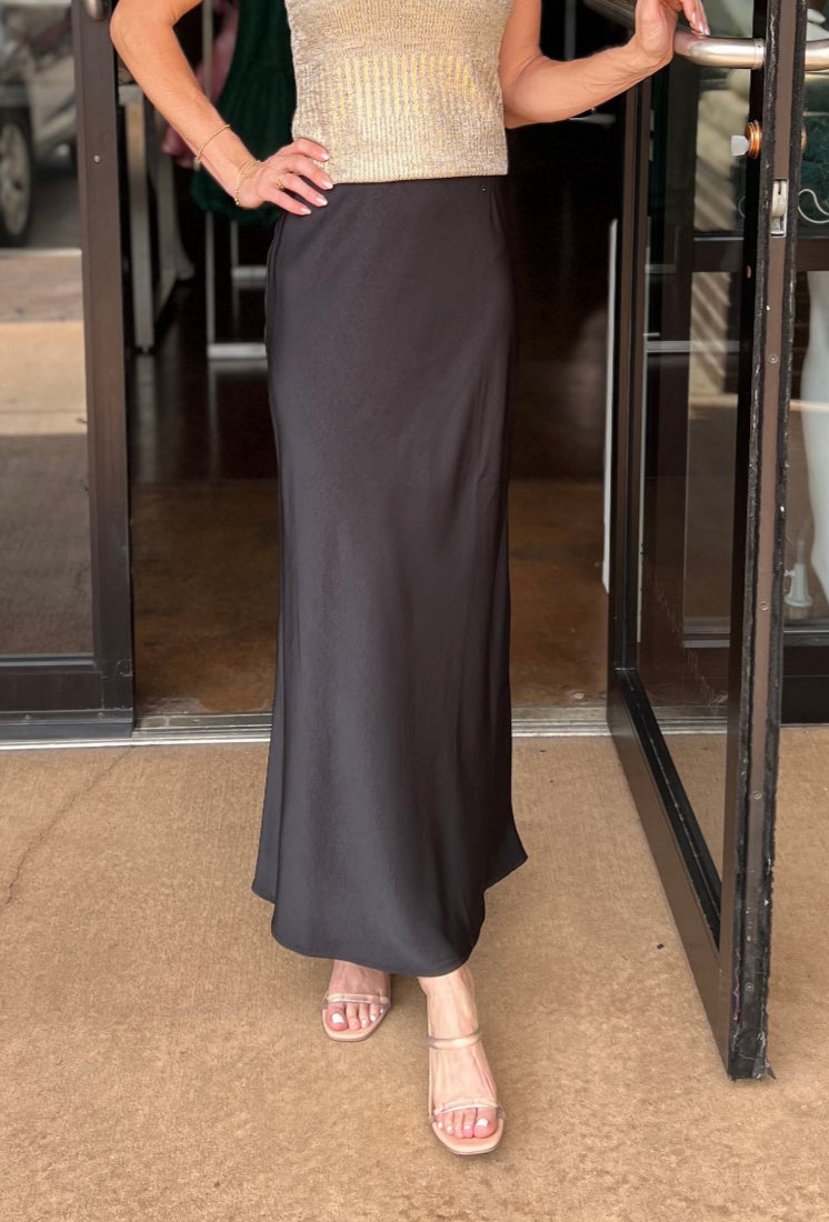 Satin Bias Midi Skirt - Black